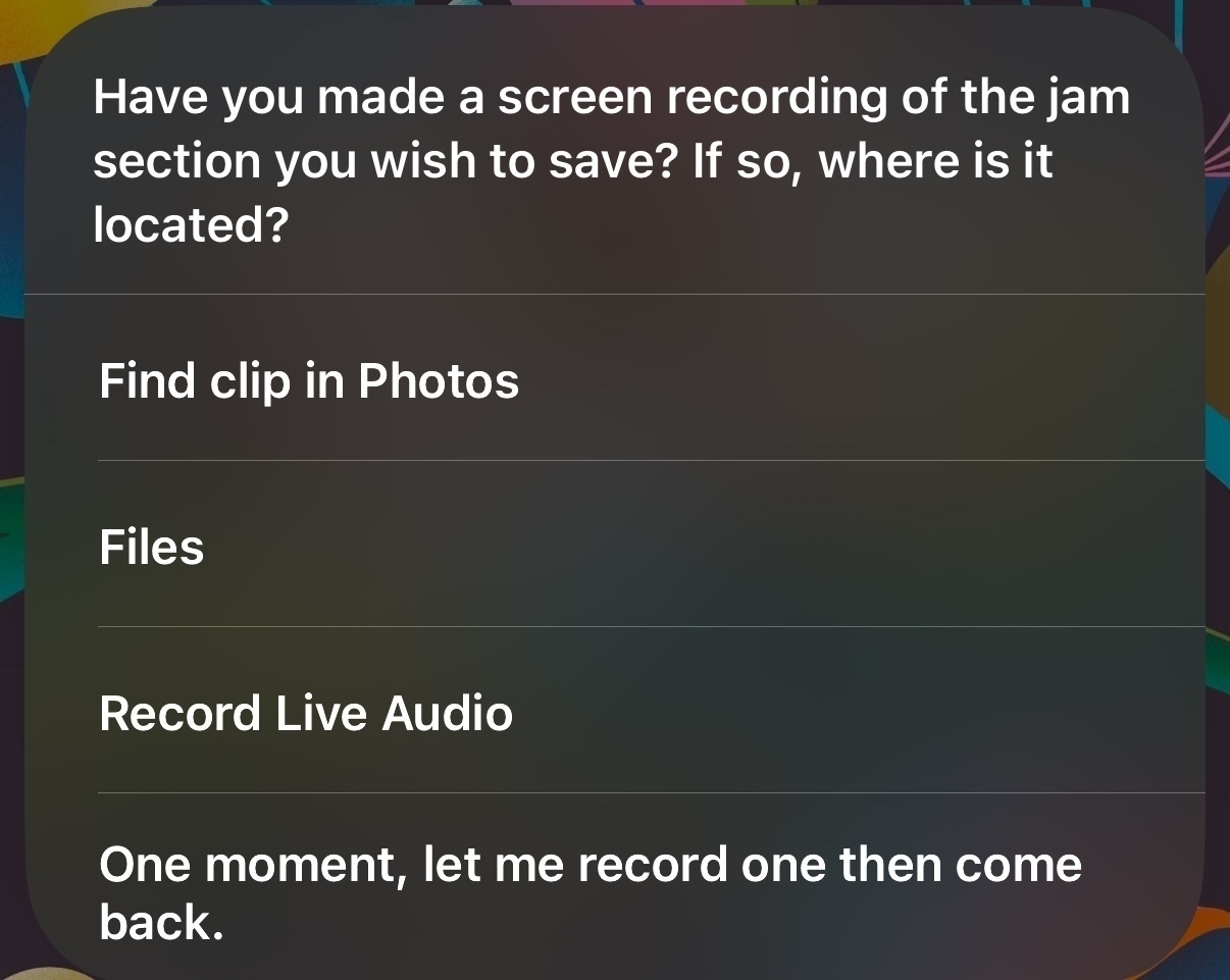 A menu offers options related to saving a screen recording of a jam session, including finding a clip in Photos, accessing files, recording live audio, or indicating a delay for recording.