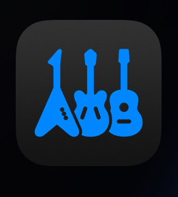 Auto-generated description: Three stylized blue guitars of different shapes are depicted on a black background.